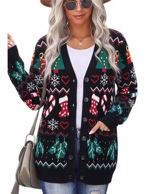 Women's Black V Neck Long Sleeve Knit Ugly Christmas Cardigan Classic Sweater